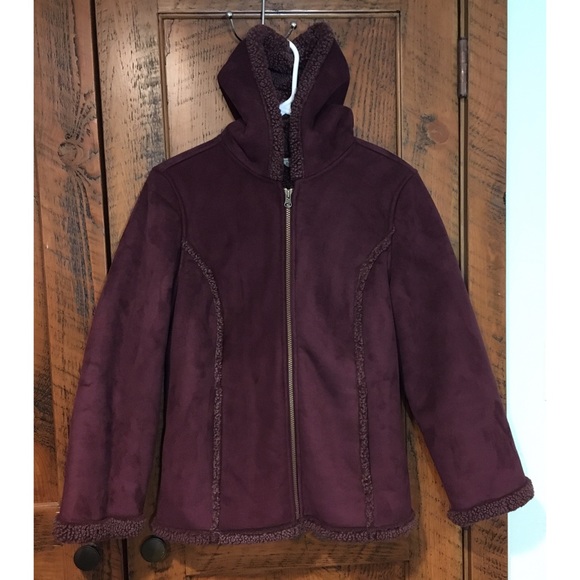 LL Bean Deep Plum Faux Sherpa Shearling Fleece Lined Hooded Coat Jacket - Picture 1 of 13